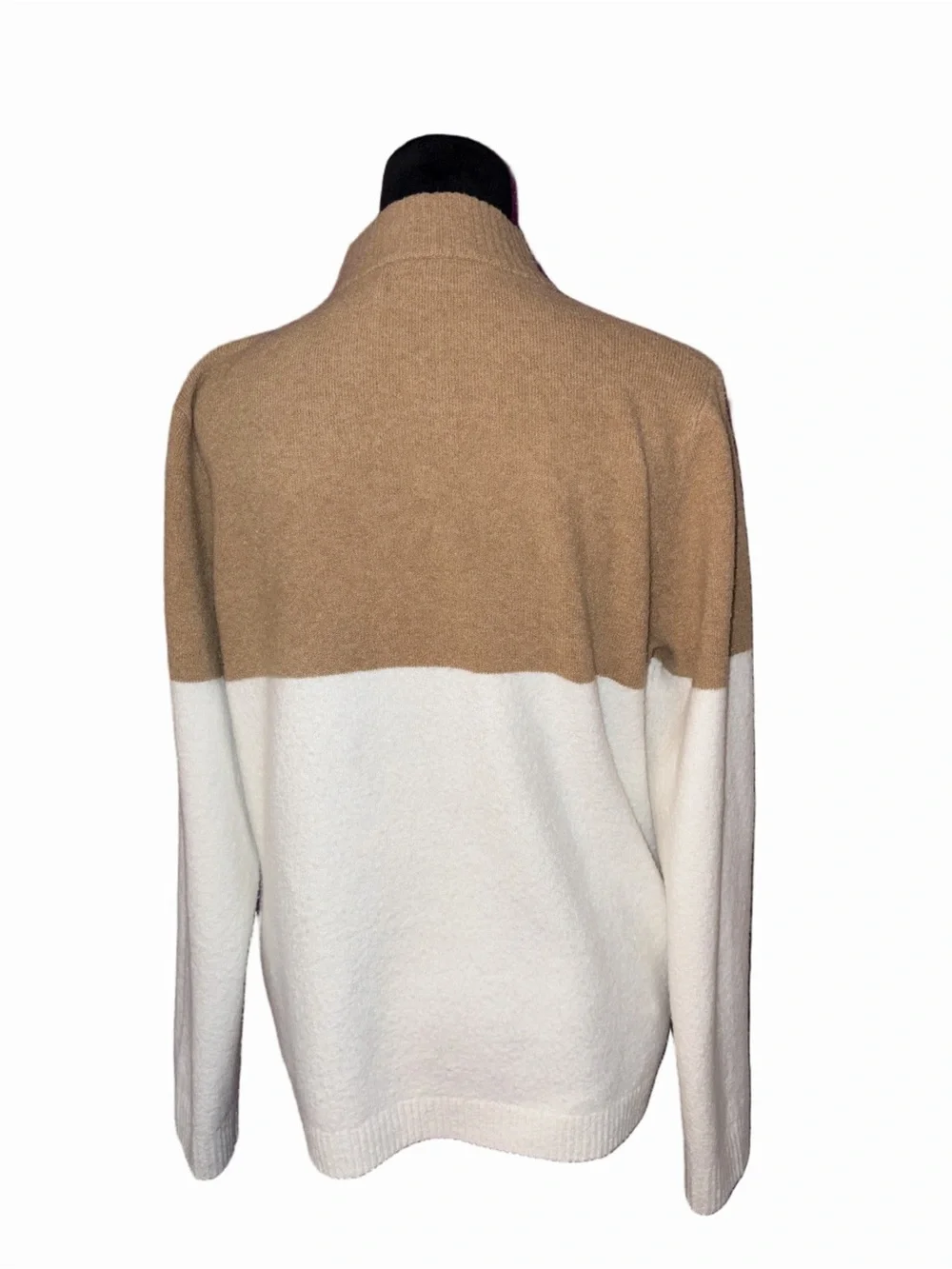 🆕💜J.Crew Colorblock Half Zip Sweater Women’s XL Camel Ivory Mock Neck Wool Blend